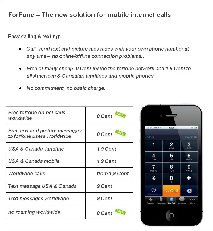 ForFone Call Rates Premium Service 