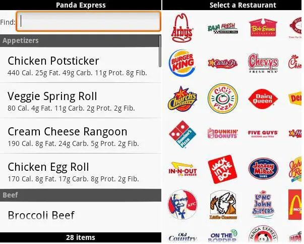 Android Fast Food Calorie Counter apps