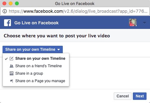 Option to select live broadcast facebook