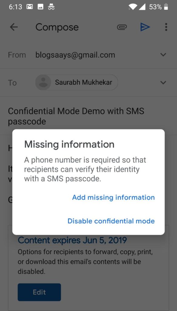 Confidential Mode Gmail using mobile adding SMSj