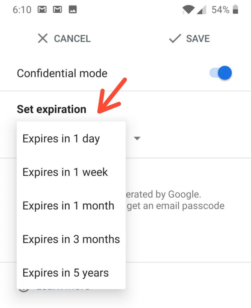 Gmail confidential mode expiry date