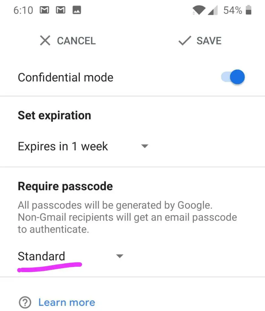 Gmail Confidential email Standard type