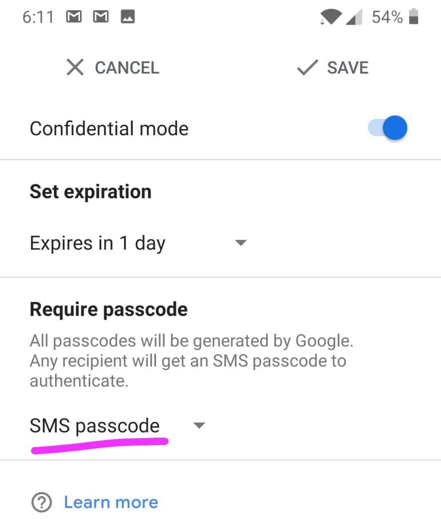 Gmail Confidential email passcode