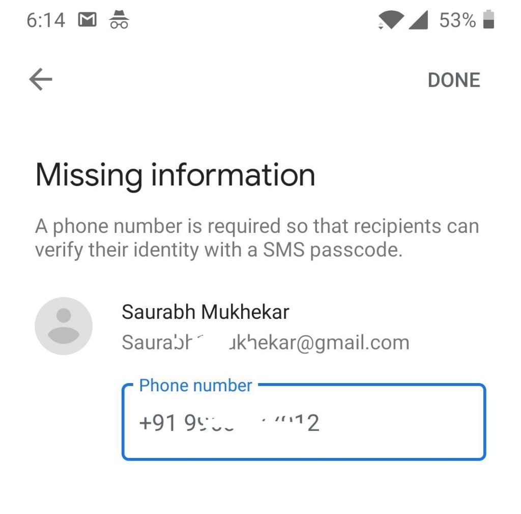 Gmail SMS number confidential email