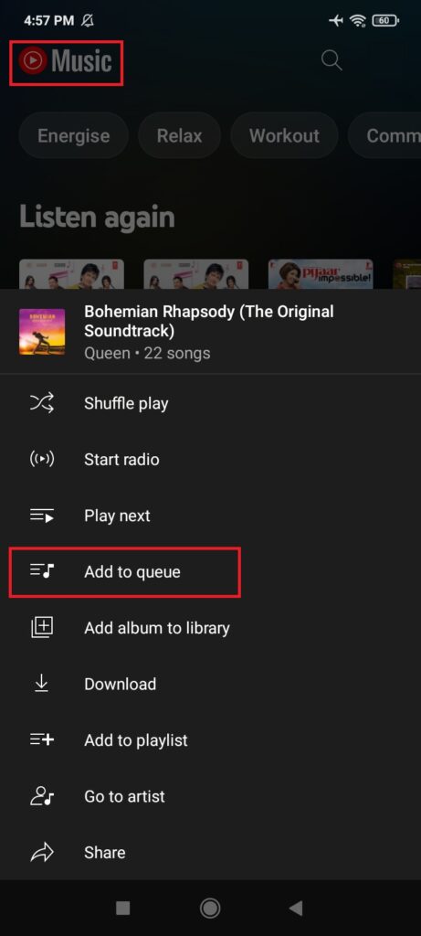Youtube Music mobile app Add to Queue