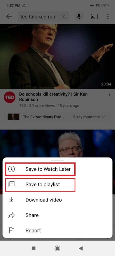 Youtube mobile app add save to watch later and save to playlist