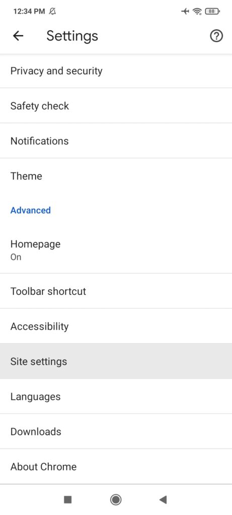 chrome mobile browser site settings
