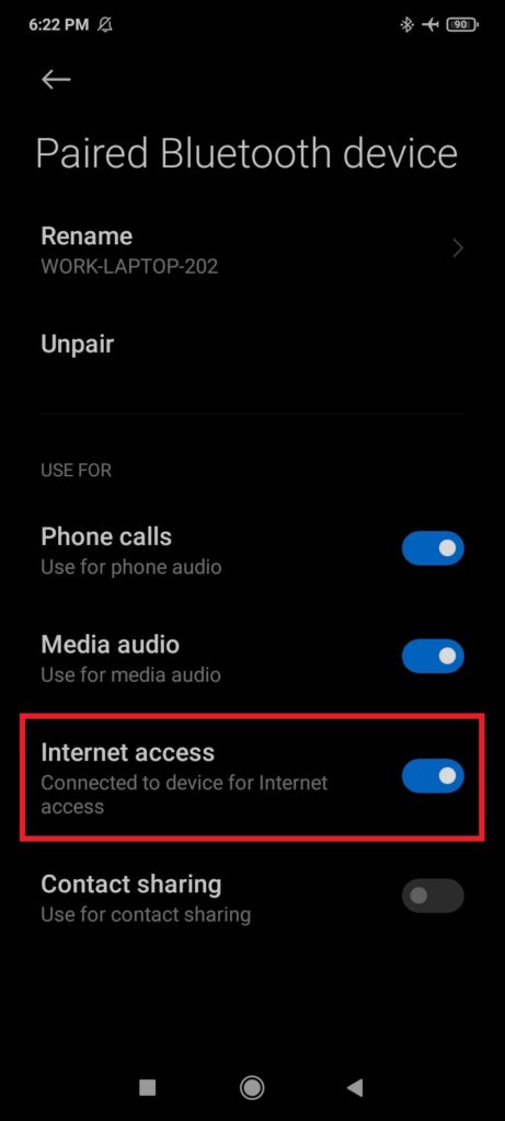internet access bluetooth setting