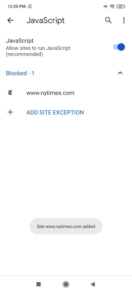 www.nytimes.com javascript blocked in chrome mobile browser