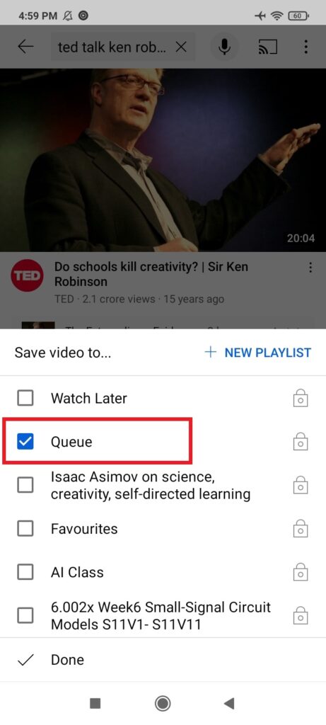 youtube save to playlist named Queue