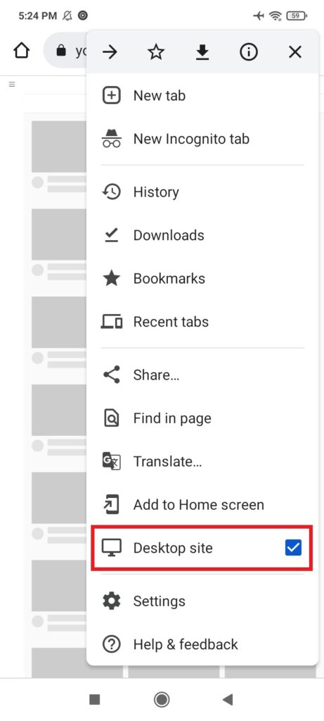 youtube mobile site browser menu select desktop site
