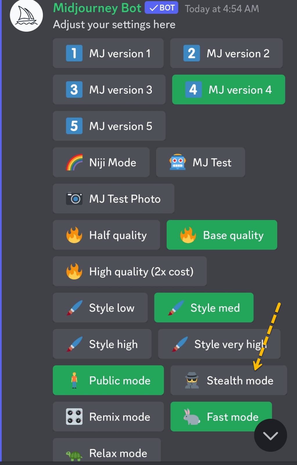 Midjourney stealth mode on settings
