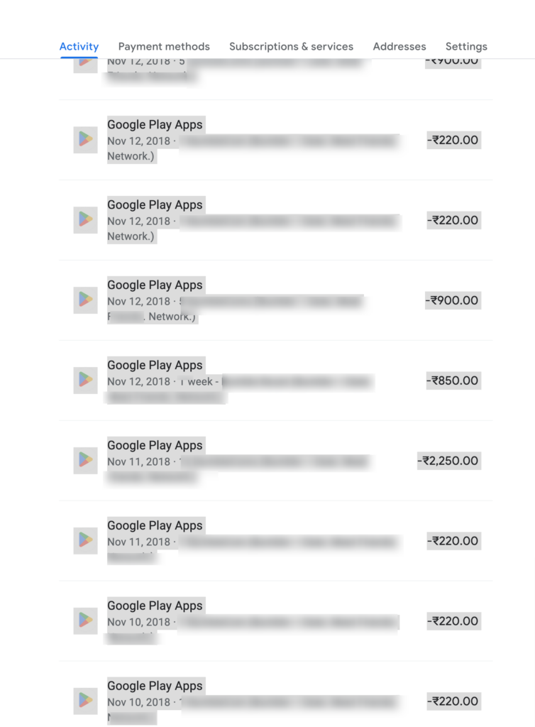 Google Play Payment History Total Spent list